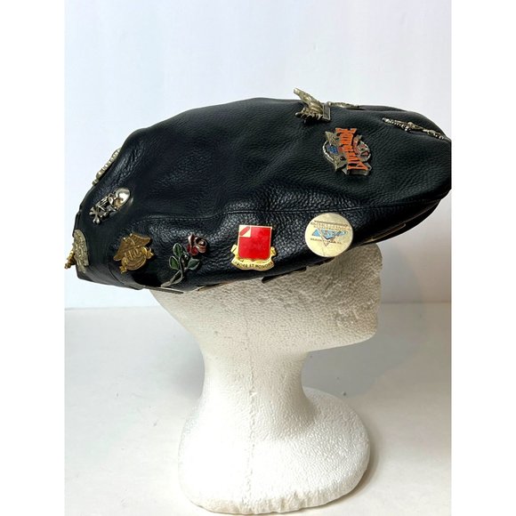 Harley Davidson Leather Cap with Pinback Pins Newsboy 2Large 26 Pins Vintage - Picture 2 of 14